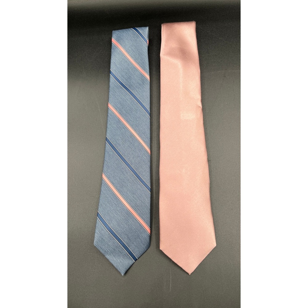 Mens Blue Striped Necktie Pink Polyester Made in USA Dusty Rose Silk Tie Set